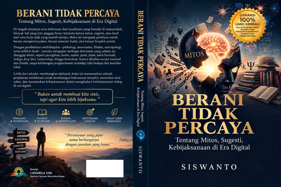 Sampul Berani Tidak Percaya Tentang Mitos, Sugesti, Kebijaksanaan di Era Digital