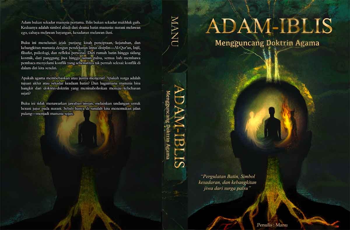 Sampul ADAM–IBLIS: Mengguncang Doktrin Agama, Pergulatan Batin, Simbol Kesadaran, dan Kebangkitan Jiwa dari Surga Palsu